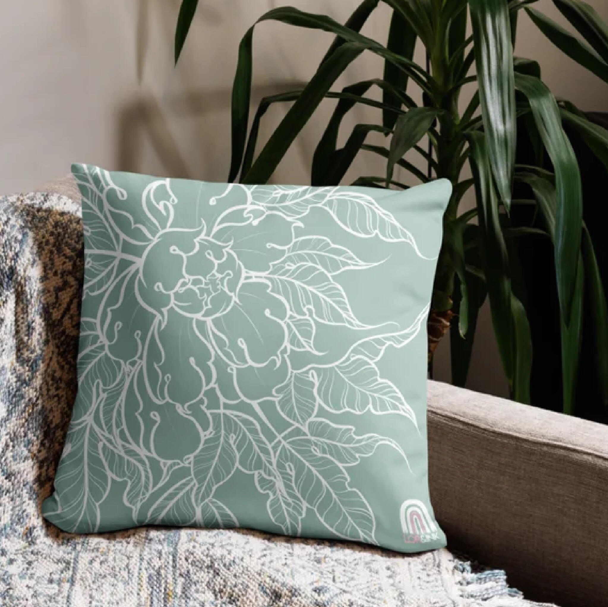 Photo of white Peony line art on light cloud blue decorative pillow by Lor Begent.