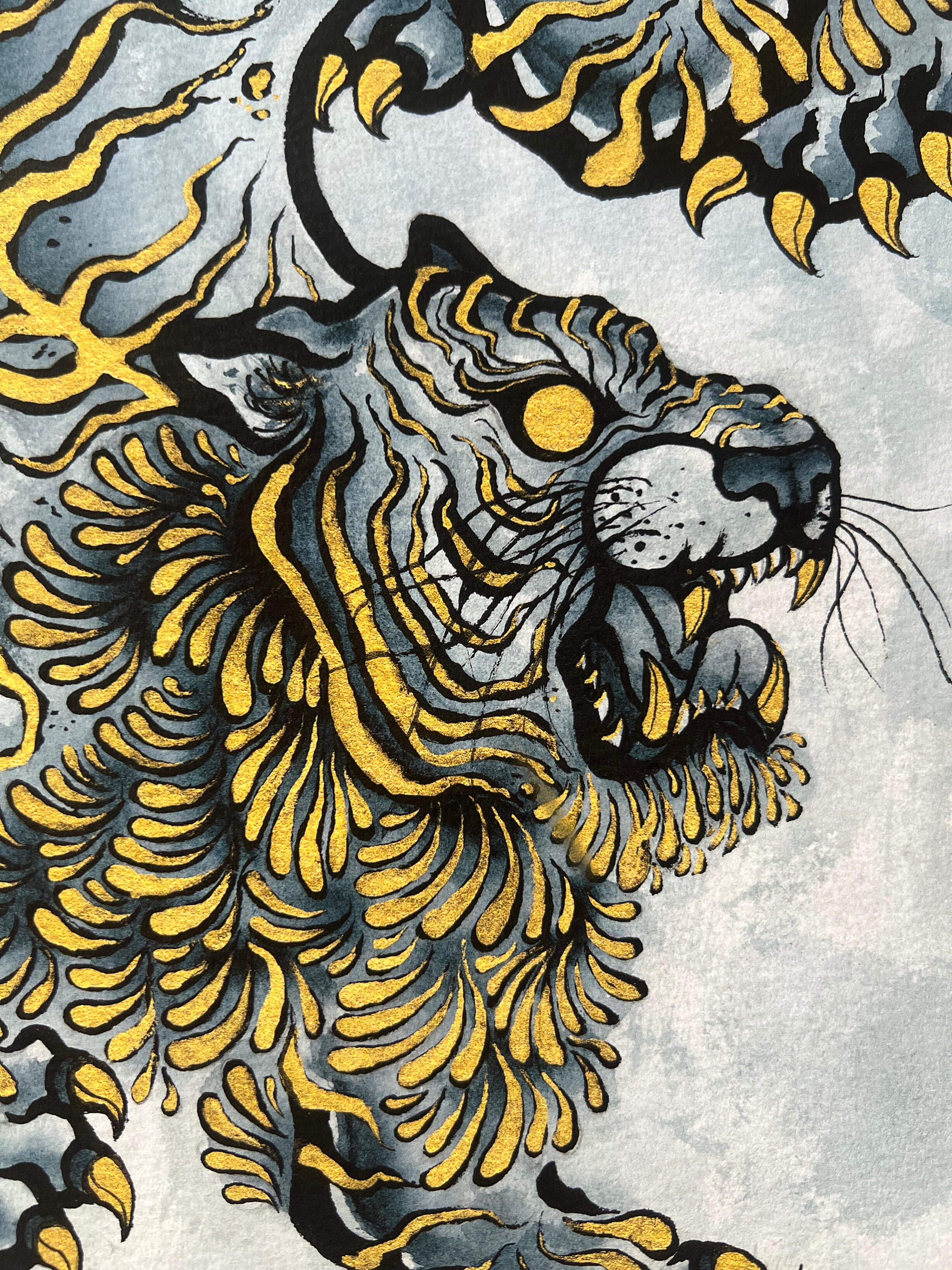 Kintsugi Tiger close-up of painting by Lor Begent featuring payne's grey blue, black ink, and gold mica.