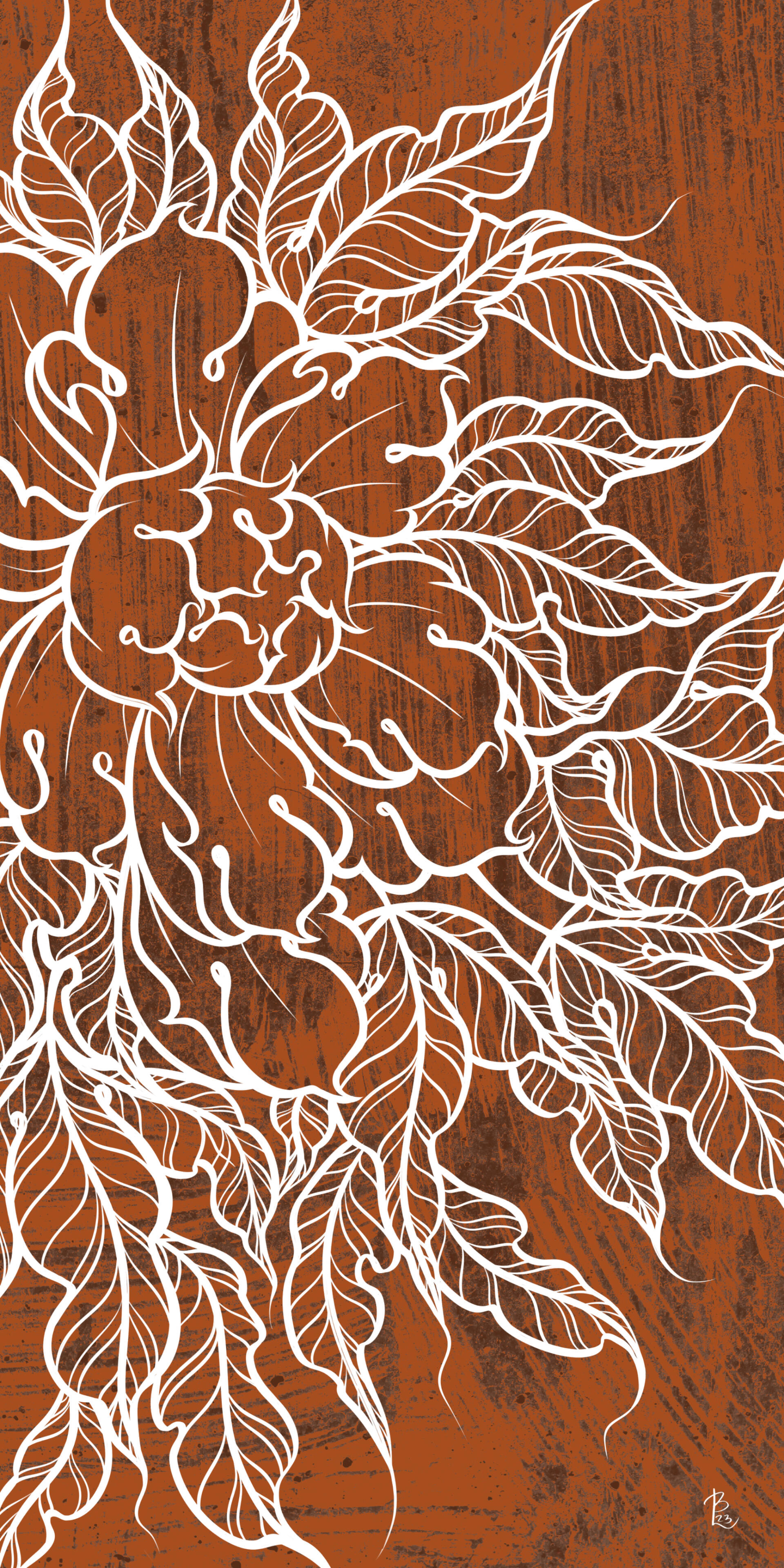 Chrysanthemum Line Art White Traditional Japanese tattoo inspired illustration of Peony with leaves on a rust orange background by Lor Begent.