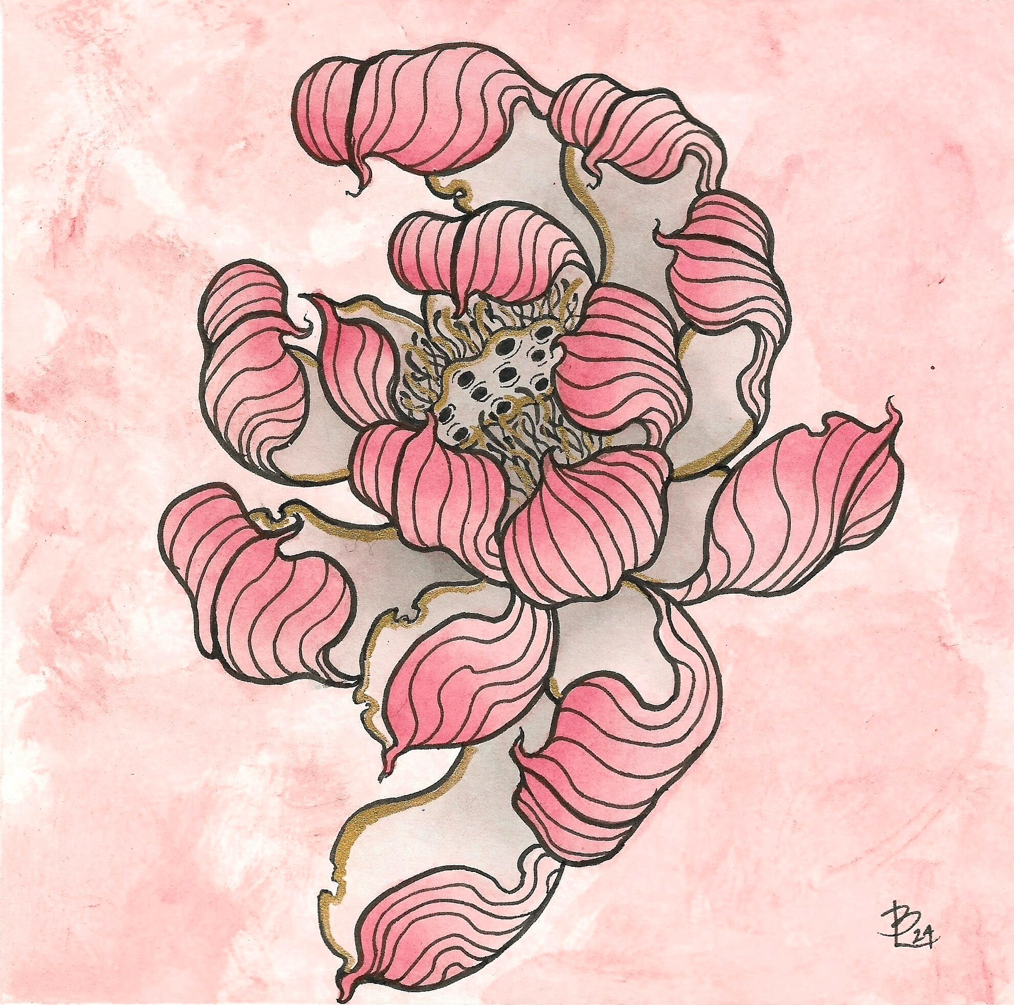 Lotus flower in blush pink, light greys, and gold acccents in a Japanese tattoo style by Lor Begent