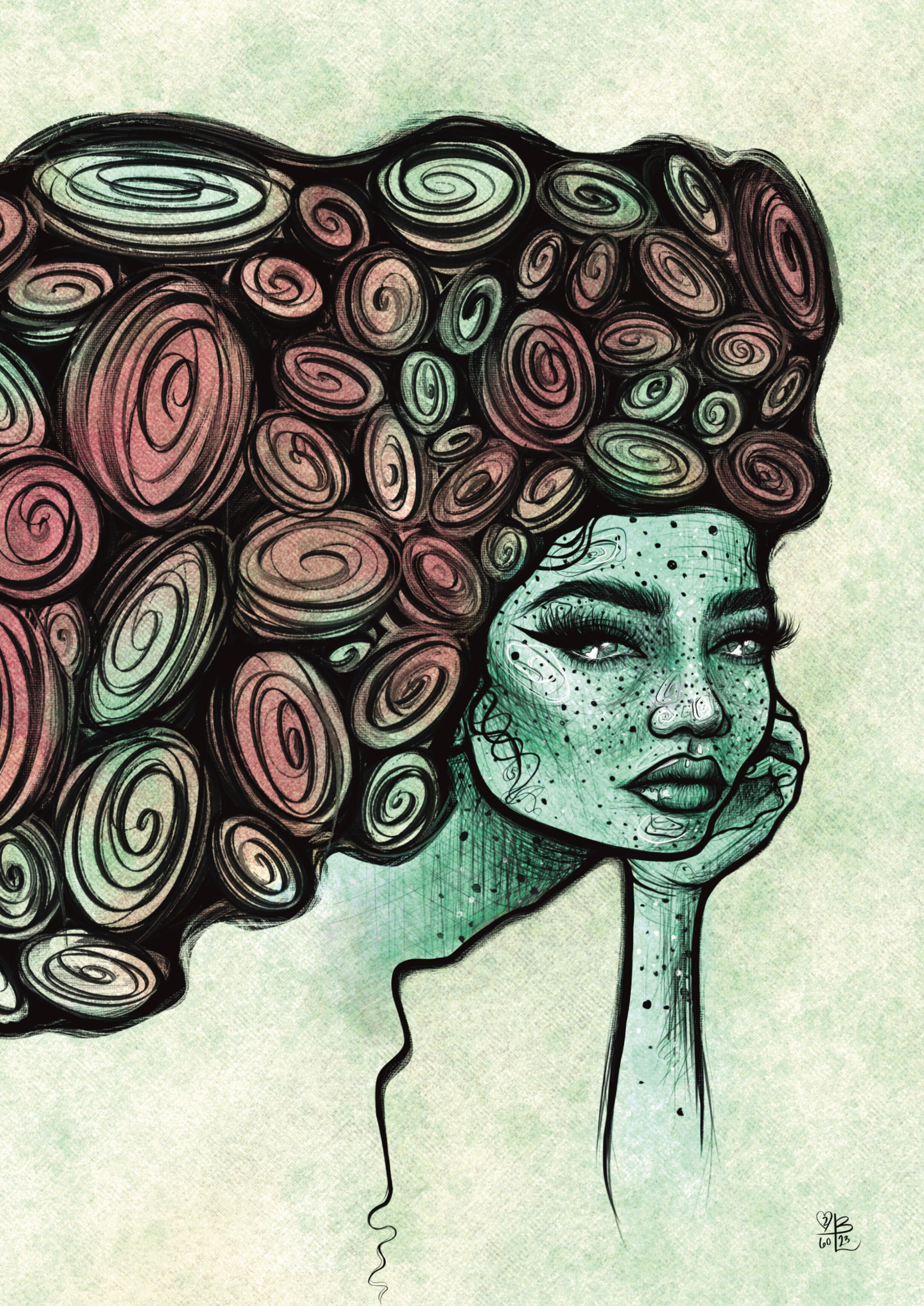 Illustrative abstract contemporary portrait by Lor Begent of a woman resting her face in her hand with large hair art featuring floral swirls. The tone is dreamy and surreal.